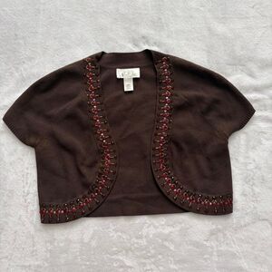 Loft Beaded Brown Cardigan Women's XS Petite Y2K Vintage Cropped Chic Boho Corp